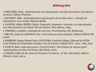 Bibliografia 
! DRUCKER, Peter. Administração de organizações sem fins lucrativos: principios e 
práticas. Editora Pioneira. 
! HUDSON, Mike. Administrando organizações do terceiro setor: o desafio de 
administrar sem receita. Makron Books. 
! LANDIM, leilah; BERES, Neide. Ocupação, despesas e recursos: as organizações 
sem fins lucrativos no Brasil. Rio de Janeiro: Nau editora, 1999. 
! PEREIRA, Custódio. Captação de recursos, Fund Raising. Ed. Mackenzie. 
! BRUCE, Andy & LANGDON, Ken. Você sabe gerenciar projetos. Editora SENAC SP, 
2008 
! BARBOSA, Maria Nazaré Lins e OLIVEIRA, Carolina Felippe. Manual de ONGs, 
Guia Prático de Orientação Jurídica. Rio de Janeiro: Editora FGV, 2001. 178p. 2001 
! NANUS, Burt. Liderança para o Terceiro Setor: Estratégias de sucesso para 
organizações sem fins lucrativos, São Paulo, 2000 
! CESNIK, Fábio de Sá. Guia do Incentivo À Cultura - 3ª Ed., São Paulo, editora 
Manole, 2012. 400 p. 
 