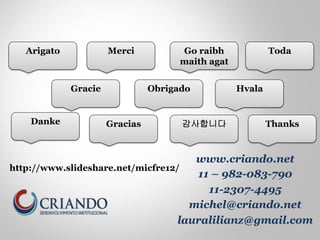 Gracie 
http://www.slideshare.net/micfre12/ 
Go raibh 
maith agat 
Toda 
Thanks 
Hvala 
Gracias 
Obrigado 
Arigato Merci 
Danke 감사합니다 
www.criando.net 
11 – 982-083-790 
11-2307-4495 
michel@criando.net 
lauralilianz@gmail.com 
