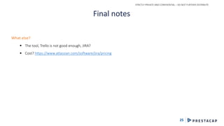 STRICTLY PRIVATE AND CONFIDENTIAL – DO NOT FURTHER DISTRIBUTE
25
Final notes
What else?
 The tool, Trello is not good enough, JIRA?
 Cost? https://www.atlassian.com/software/jira/pricing
 