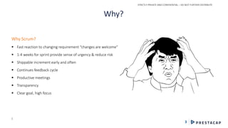 STRICTLY PRIVATE AND CONFIDENTIAL – DO NOT FURTHER DISTRIBUTE
3
Why?
Why Scrum?
 Fast reaction to changing requirement “changes are welcome”
 1-4 weeks for sprint provide sense of urgency & reduce risk
 Shippable increment early and often
 Continues feedback cycle
 Productive meetings
 Transparency
 Clear goal, high focus
1
 
