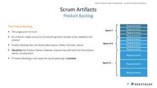 STRICTLY PRIVATE AND CONFIDENTIAL – DO NOT FURTHER DISTRIBUTE
5
Scrum Artifacts
Product Backlog
The Product Backlog
 The single point of truth
 An ordered, single source list of everything that is known to be needed in the
product
 Product Backlog item attributes (Description, Order, Estimate, Value)
 Owned by the Product Owner, however, anyone may add items for the product
owner consideration
 If Product Backlog is not ready the sprint planning is canceled
 