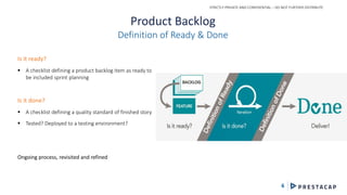 STRICTLY PRIVATE AND CONFIDENTIAL – DO NOT FURTHER DISTRIBUTE
6
Product Backlog
Definition of Ready & Done
Is it ready?
 A checklist defining a product backlog item as ready to
be included sprint planning
Is it done?
 A checklist defining a quality standard of finished story
 Tested? Deployed to a testing environment?
Ongoing process, revisited and refined
 