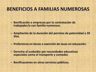 BENEFICIOS A FAMILIAS NUMEROSAS

 – Bonificación a empresas por la contratación de
   trabajador/a con familia numerosa.

 – Ampliación de la duración del permiso de paternidad a 20
   días.

 – Preferencia en becas o exención de tasas en educación.

 – Derecho al susbsidio por necesidades educativas
   especiales como el transporte y comedor.

 – Bonificaciones en otros servicios públicos.
 