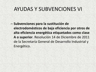 AYUDAS Y SUBVENCIONES VI

– Subvenciones para la sustitución de
  electrodomésticos de baja eficiencia por otros de
  alta eficiencia energética etiquetados como clase
  A o superior. Resolución 14 de Diciembre de 2011
  de la Secretaría General de Desarrollo Industrial y
  Energético.
 