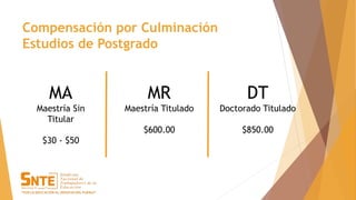 Compensación por Culminación
Estudios de Postgrado
MA
Maestría Sin
Titular
$30 - $50
MR
Maestría Titulado
$600.00
DT
Doctorado Titulado
$850.00
 
