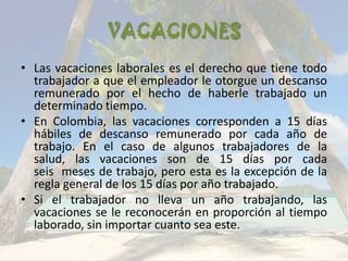VACACIONES
• Las vacaciones laborales es el derecho que tiene todo
  trabajador a que el empleador le otorgue un descanso
  remunerado por el hecho de haberle trabajado un
  determinado tiempo.
• En Colombia, las vacaciones corresponden a 15 días
  hábiles de descanso remunerado por cada año de
  trabajo. En el caso de algunos trabajadores de la
  salud, las vacaciones son de 15 días por cada
  seis meses de trabajo, pero esta es la excepción de la
  regla general de los 15 días por año trabajado.
• Si el trabajador no lleva un año trabajando, las
  vacaciones se le reconocerán en proporción al tiempo
  laborado, sin importar cuanto sea este.
 