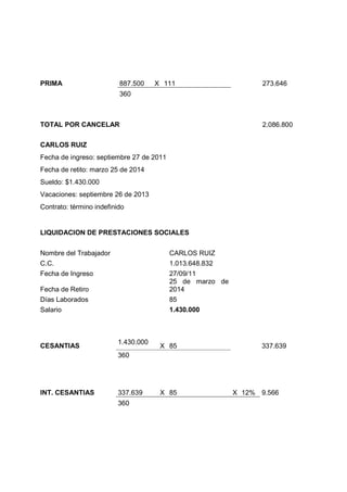 PRIMA 887.500 X 111 273.646
360
TOTAL POR CANCELAR 2.086.800
CARLOS RUIZ
Fecha de ingreso: septiembre 27 de 2011
Fecha de retito: marzo 25 de 2014
Sueldo: $1.430.000
Vacaciones: septiembre 26 de 2013
Contrato: término indefinido
LIQUIDACION DE PRESTACIONES SOCIALES
Nombre del Trabajador CARLOS RUIZ
C.C. 1.013.648.832
Fecha de Ingreso 27/09/11
Fecha de Retiro
25 de marzo de
2014
Días Laborados 85
Salario 1.430.000
CESANTIAS
1.430.000
X 85 337.639
360
INT. CESANTIAS 337.639 X 85 X 12% 9.566
360
 