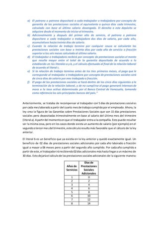 a) El patrono o patrona depositará a cada trabajador o trabajadora por concepto de
garantía de las prestaciones sociales el equivalente a quince días cada trimestre,
calculado con base al último salario devengado. El derecho a este depósito se
adquiere desde el momento de iniciar el trimestre.
b) Adicionalmente y después del primer año de servicio, el patrono o patrona
depositara a cada trabajador o trabajadora dos días de salario, por cada año,
acumulativos hasta treinta días de salario.
c) Cuando la relación de trabajo termine por cualquier causa se calcularán las
prestaciones sociales con base a treinta días por cada año de servicio o fracción
superior a los seis meses calculada al último salario.
d) El trabajador o trabajadora recibirá por concepto de prestaciones sociales el monto
que resulte mayor entre el total de la garantía depositada de acuerdo a lo
establecido en los literales a y b, y el cálculo efectuado al final de la relación laboral
de acuerdo al literal c.
e) Si la relación de trabajo termina antes de los tres primeros meses, el pago que le
corresponde al trabajador o trabajadora por concepto de prestaciones sociales será
de cinco días de salario por mes trabajado o fracción.
f) El pago de las prestaciones sociales se hará dentro de los cinco días siguientes a la
terminación de la relación laboral, y de no cumplirse el pago generará intereses de
mora a la tasa activa determinada por el Banco Central de Venezuela, tomando
como referencia los seis principales bancos del país.”
Anteriormente, se trataba de recompensar al trabajador con 5 días de prestaciones sociales
por cada meslaboradoa partir del cuarto mesde trabajocumplidopor el empleado. Ahora, la
ley crea la figura de las Garantías sobre Prestaciones Sociales que son 15 días prestaciones
sociales pero depositadas trimestralmente en base al salario del último mes del trimestre
(literal a).A partirdel momentoenque el trabajador entra a la compañía. Esto puede resultar
ser la misma cosa, pero en los casos donde exista un aumento de salario (por ejemplo) en el
segundootercermes del trimestre,estecálculoresulta más favorable que el cálculo de la ley
anterior.
El literal b es un beneficio que ya existía en la ley anterior y quedó exactamente igual. Un
beneficio de 02 días de prestaciones sociales adicionales por cada año laborado o fracción
igual a mayor a 06 meses pero a partir del segundo año cumplido. Por cada año cumplido a
partir de este,el trabajadorirárecibiendo02días adicionalesmáshastallegara un máximo de
30 días. Esto dejaríael cálculode lasprestacionessocialesadicionales de la siguiente manera:
Años de
Servicios
Días de
Prestaciones
Sociales
Adicionales
1 0
2 2
3 4
4 6
5 8
6 10
7 12
8 14
 
