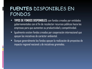 FUENTES  DISPONIBLES EN FONDOS  TIPOS DE FONDOS DISPONIBLES:  son fondos creados por entidades gubernamentales con el fin de   recolectar recursos públicos hacia las empresas para que aumenten su productividad y competitividad. Igualmente existen fondos creados por cooperación internacional que apoyan las iniciativas de carácter ambiental. Aunque generalmente los fondos apoyan la realización de proyectos de impacto regional nacional y de iniciativas gremiales. 