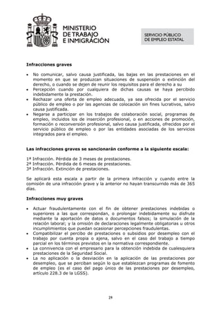 Infracciones graves

•   No comunicar, salvo causa justificada, las bajas en las prestaciones en el
    momento en que se produzcan situaciones de suspensión o extinción del
    derecho, o cuando se dejen de reunir los requisitos para el derecho a su
•   Percepción cuando por cualquiera de dichas causas se haya percibido
    indebidamente la prestación.
•   Rechazar una oferta de empleo adecuada, ya sea ofrecida por el servicio
    público de empleo o por las agencias de colocación sin fines lucrativos, salvo
    causa justificada.
•   Negarse a participar en los trabajos de colaboración social, programas de
    empleo, incluidos los de inserción profesional, o en acciones de promoción,
    formación o reconversión profesional, salvo causa justificada, ofrecidos por el
    servicio público de empleo o por las entidades asociadas de los servicios
    integrados para el empleo.


Las infracciones graves se sancionarán conforme a la siguiente escala:

1ª Infracción. Pérdida de 3 meses de prestaciones.
2ª Infracción. Pérdida de 6 meses de prestaciones.
3ª Infracción. Extinción de prestaciones.

Se aplicará esta escala a partir de la primera infracción y cuando entre la
comisión de una infracción grave y la anterior no hayan transcurrido más de 365
días.

Infracciones muy graves

•   Actuar fraudulentamente con el fin de obtener prestaciones indebidas o
    superiores a las que correspondan, o prolongar indebidamente su disfrute
    mediante la aportación de datos o documentos falsos; la simulación de la
    relación laboral; y la omisión de declaraciones legalmente obligatorias u otros
    incumplimientos que puedan ocasionar percepciones fraudulentas.
•   Compatibilizar el percibo de prestaciones o subsidios por desempleo con el
    trabajo por cuenta propia o ajena, salvo en el caso del trabajo a tiempo
    parcial en los términos previstos en la normativa correspondiente.
•   La connivencia con el empresario para la obtención indebida de cualesquiera
    prestaciones de la Seguridad Social.
•   La no aplicación o la desviación en la aplicación de las prestaciones por
    desempleo, que se perciban según lo que establezcan programas de fomento
    de empleo (es el caso del pago único de las prestaciones por desempleo,
    artículo 228.3 de la LGSS).




                                        29
 