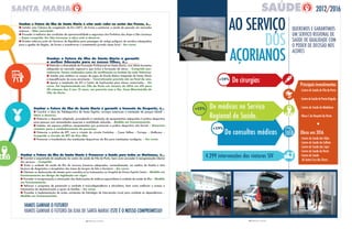 12 PRESTAR CONTAS
ganhar o Futuro da ilha de Santa maria é criar mais valor no sector das Pescas, é…
l Instalar uma Câmara de congelação de frio (-60º), de forma a potenciar a venda de pescado em mercados
externos – não executado.
l Proceder à melhoria das condições de operacionalidade e segurança dos Portinhos dos Anjos e São Lourenço
– anjos cumprido. em são Lourenço a obra está a decorrer.
l Encetar esforços junto do Governo da República para passagem do antigo polígono de acústica subaquática
para a gestão da Região, de forma a incentivar-se o investimento privado nesse local – em curso.
ganhar o Futuro da ilha de Santa maria é garantir o fomento do Desporto, é…
l Concluir a obra do Polidesportivo de Santo Espírito, arranjos exteriores e instalação de parque infantil –
obra a decorrer.
l Potenciar o desporto adaptado, procedendo à instalação de equipamentos adequados à prática desportiva
para pessoas com necessidades especiais e mobilidade reduzida – Medida em funcionamento.
l Instalar, em espaços públicos, equipamentos que promovam a prática desportiva não formal – Decorrem
contatos para o estabelecimento de parcerias.
l Potenciar a prática de BTT, com a criação do circuito Fontinhas – Casas Velhas – Farropo – Malbusca –
Cumprido o circuito de BTT do Pico alto.
l Promover a transferência das instalações desportivas da ilha para instalações condignas. – em curso.
ganhar o Futuro da ilha de Santa maria é Promover a Saúde para todos os marienses, é…
l Concluir a empreitada de ampliação do centro de saúde de Vila do Porto, bem como proceder à reorganização interna
dos serviços – Cumprido.
l Dotar a unidade de saúde de ilha de recursos humanos adequados, nomeadamente, um médico de família e dois
técnicos de diagnóstico e terapêutica das áreas da terapia da fala e farmácia – em curso.
l Otimizar as deslocações de utentes para consultas e/ou tratamentos no Hospital do Divíno Espirito Santo – Medida em
funcionamento ao abrigo da legislação em vigor.
l Proceder à reorganização e otimização das deslocações de médicos especialistas à unidade de saúde de ilha – Medida
em funcionamento.
l Reforçar o programa de prevenção e combate à toxicodependência e alcoolismo, bem como melhorar o acesso a
tratamentos de desintoxicação e apoio às famílias – em curso.
l Proceder à implementação de ações constantes da Estratégia de Intervenção Local para combate às dependências –
Medida em funcionamento.
ganhar o Futuro da ilha de Santa maria é garantir
a melhor educação para os nossos filhos, é…
l Estimular a diversidade da Formação Profissional em Santa Maria, com oferta formativa
adequada ao mercado regional e que inclua a formação de ativos – Cumprido par-
cialmente. Foram realizadas ações de certificação no âmbito da rede Valorizar.
l Instalar piso sintético no campo de jogos da Escola Básica Integrada de Santa Maria
e requalificação da zona envolvente – Concretização prevista até ao final do ano.
l Apoiar a instalação de ATL e Centro de Explicações para alunos carenciados – em
curso. Foi implementado em Vila do Porto em Janeiro de 2016 um aTL para
20 crianças dos 3 aos 12 anos, em parceria com a sta. Casa Misericórdia de
Vila do Porto.
VAMOS gANHAR O fuTuRO!
ESTE é O NOSSO COMPROMISSO!
13 PRESTAR CONTAS
2012/2016
De consultas médicas
De médicos no Serviço
Regional de Saúde.
Principais investimentos
- Centro de Saúde de Vila do Porto
-CentrodeSaúdedePontaDelgada
- Centro de Saúde da Madalena
- Bloco C do Hospital da Horta
l
Obras em 2016
- Centro de Saúde das Velas
- Centro de Saúde da Calheta
- Centro de Saúde das lajes
- Centro de Saúde da Horta
- Centro de Saúde
de Santa Cruz das flores
+15%
+19%
4.299 intervenções das viaturas SIV
+18%
AO SERVIçO
AçORIANOS
De cirurgias
 