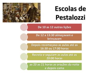 De 10 as 12 outras lições
De 12 a 13:30 almoçavam e
brincavam
Depois recomeçava as aulas até as
16:30 ou 17:00 horas
Recreio e seguiam as aulas até as
20:00 horas
as 20 as 21 horas as orações da noite
e depois cama
Escolas de
Pestalozzi
 