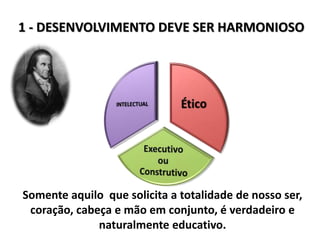 Somente aquilo que solicita a totalidade de nosso ser,
coração, cabeça e mão em conjunto, é verdadeiro e
naturalmente educativo.
1 - DESENVOLVIMENTO DEVE SER HARMONIOSO
 