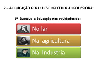 2 – A EDUCAÇÃO GERAL DEVE PRECEDER A PROFISSIONAL
1º Buscava a Educação nas atividades do:
No lar
Na agricultura
Na Industria
 