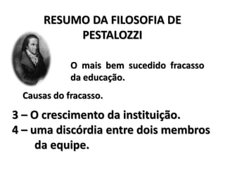 RESUMO DA FILOSOFIA DE
PESTALOZZI
O mais bem sucedido fracasso
da educação.
Causas do fracasso.
3 – O crescimento da instituição.
4 – uma discórdia entre dois membros
da equipe.
 