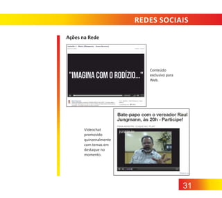 REDES SOCIAIS
Ações na Rede

Conteúdo
exclusivo para
Web.

Videochat
promovido
quinzenalmente
com temas em
destaque no
momento.

31

 