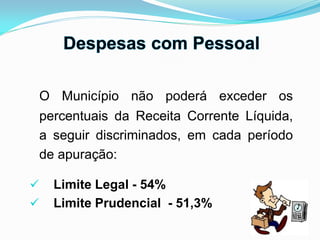 O Município não poderá exceder os
percentuais da Receita Corrente Líquida,
a seguir discriminados, em cada período
de apuração:
 Limite Legal - 54%
 Limite Prudencial - 51,3%
 