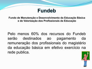 Pelo menos 60% dos recursos do Fundeb
serão destinados ao pagamento da
remuneração dos profissionais do magistério
da educação básica em efetivo exercício na
rede publica.
Fundo de Manutenção e Desenvolvimento da Educação Básica
e de Valorização dos Profissionais da Educação
 