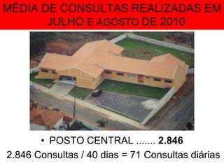 MÉDIA DE CONSULTAS REALIZADAS EM JULHO E AGOSTO DE 2010<br /><ul><li>POSTO CENTRAL ....... 2.846</li></ul> 2.846 Consultas...