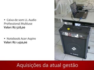  Caixa de som LL Audio
Professional Multiuse
Valor: R$ 528,00


 Notebook Acer Aspire
Valor: R$ 1.450,00
 