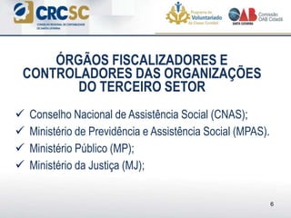  Conselho Nacional de Assistência Social (CNAS);
 Ministério de Previdência e Assistência Social (MPAS).
 Ministério Público (MP);
 Ministério da Justiça (MJ);
ÓRGÃOS FISCALIZADORES E
CONTROLADORES DAS ORGANIZAÇÕES
DO TERCEIRO SETOR
6
 