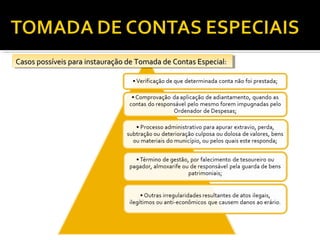 Casos possíveis para instauração de Tomada de Contas Especial:
 Casos possíveis para instauração de Tomada de Contas Especial:
 