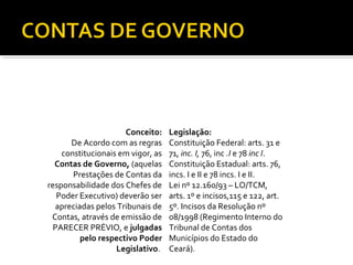 Conceito:     Legislação:
      De Acordo com as regras      Constituição Federal: arts. 31 e
    constitucionais em vigor, as   71, inc. I, 76, inc .I e 78 inc I.
  Contas de Governo, (aquelas      Constituição Estadual: arts. 76,
       Prestações de Contas da     incs. I e II e 78 incs. I e II.
responsabilidade dos Chefes de     Lei nº 12.160/93 – LO/TCM,
   Poder Executivo) deverão ser    arts. 1º e incisos,115 e 122, art.
  apreciadas pelos Tribunais de    5º. Incisos da Resolução nº
 Contas, através de emissão de     08/1998 (Regimento Interno do
  PARECER PRÉVIO, e julgadas       Tribunal de Contas dos
         pelo respectivo Poder     Municípios do Estado do
                   Legislativo.    Ceará).
 