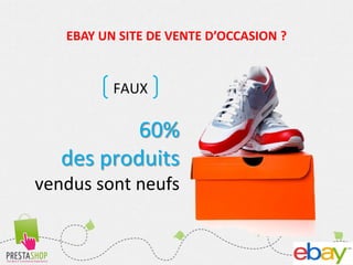11
EBAY UN SITE DE VENTE D’OCCASION ?
FAUX
60%
des produits
vendus sont neufs
 