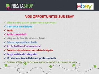 PHP / MySQL based Open-source solution
310+ features to fulfill the needs of all types of e-merchants
Full featured e-commerce software
2011 - 2012
€3M fundraising (summer 2011)
Substantial growth of revenue and user base
VOS OPPORTUNITES SUR EBAY
 eBay n’entre pas en concurrence avec vous !
 C’est vous qui décidez !
 Trafic
 Tarifs compétitifs
 eBay sur le Mobile et les tablettes
 Démarrage rapide et facile
 Accès facilité à l’international
 Solution de paiement sécurisée intégrée
 Large variété de catégories
 Un service clients dédié aux professionnels
 Réseau solide de partenaires pour répondre à chaque besoin
 