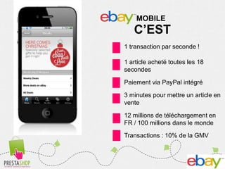 17
1 transaction par seconde !
1 article acheté toutes les 18
secondes
Paiement via PayPal intégré
3 minutes pour mettre un article en
vente
12 millions de téléchargement en
FR / 100 millions dans le monde
Transactions : 10% de la GMV
MOBILE
C’EST
 