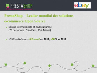 PHP / MySQL based Open-source solution
310+ features to fulfill the needs of all types of e-merchants
Full featured e-commerce software
2011 - 2012
€3M fundraising (summer 2011)
Substantial growth of revenue and user base
PrestaShop – Leader mondial des solutions
e-commerce Open Source
Equipe internationale et multiculturelle
(70 personnes : 55 à Paris, 15 à Miami)
Chiffre d’Affaires : 6,2 mln € en 2012, +50 % vs 2011
 