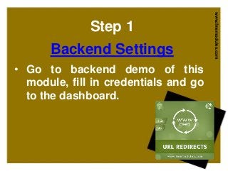 Step 1
Backend Settings
www.fmemodules.com
• Go to backend demo of this
module, fill in credentials and go
to the dashboard.
 
