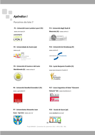 Projet MIRIADI
Apêndice i
Parceiros do lote 7
P2 - Universidade de Aveiro (p
www.ua.pt
P4 - Università di Cassino e del Lazio
Meridionale (it) - www.unicas.it
P7 - Universitatea Alexandru Ioan
Cuza - Iaşi (ro) - www.uaic.ro/
P6 - Université Stendhal Grenoble 3 (fr)
www.u-grenoble3.fr
P1 - Université Louis Lumière Lyon 2 (fr)
www.univ-lyon2.fr
50
Projet MIRIADI - Convention de subvention 2012 - 4914 / 001 - 001
Universidade de Aveiro (pt)
Università di Cassino e del Lazio
it
Universitatea Alexandru Ioan
P 8 - Università degli Studi di
Macerata (it) - www.unimc.it
P13 - Université de Strasbourg (fr)
www.unistra.fr
P17 - Liceo Linguistico di Stato “Giovanni
Falcone” (it) - www.liceofalcone
Université Stendhal Grenoble 3 (fr)
P16 - Lycée Benjamin Franklin (fr)
www.lycee-benjamin-franklin.fr
P19 - Escola de Soure (pt)
www.escolasdesoure.pt/
Université Louis Lumière Lyon 2 (fr) gli Studi di
Université de Strasbourg (fr)
Liceo Linguistico di Stato “Giovanni
lcone.it
Lycée Benjamin Franklin (fr)
 