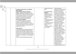 Projet MIRIADI
Le Indicazioni nazionali per i Licei (DPR 89
2010 e allegati)
Educazione interculturale e linguistica
Italiano : adeguata idea dei rapporti con le
letterature di altri Paesi, affiancando la
di autori italiani a letture di autori stranieri, da
concordare eventualmente con i docenti di
Lingua e cultura straniera, e degli scambi
reciproci fra la letteratura e le altre arti.
Latino nel Liceo linguistico :
…la competenza linguistica in u
percorso (…) consente allo studente di
riconoscere affinità e divergenze tra latino ,
italiano e altre lingue romanze e non romanze,
con particolare riguardo a quelle studiate nel
singolo istituto o corso.
Lingue straniere
Lo studente acquisisce competenze linguistico
comunicative rapportabili al Livello B1.2 del
Quadro Comune Europeo di Riferimento per le
lingue, anche in un’ottica comparativa, al fine
di acquisire una consapevolezza delle analogie
e differenze tra le lingue e le culture og
studio
in funzione della trasferibilità ad altre lingue
74
Projet MIRIADI - Convention de subvention 2012 - 4914 / 001 - 001
Le Indicazioni nazionali per i Licei (DPR 89
Educazione interculturale e linguistica
adeguata idea dei rapporti con le
letterature di altri Paesi, affiancando la lettura
di autori italiani a letture di autori stranieri, da
concordare eventualmente con i docenti di
Lingua e cultura straniera, e degli scambi
reciproci fra la letteratura e le altre arti.
…la competenza linguistica in uscita dal
percorso (…) consente allo studente di
riconoscere affinità e divergenze tra latino ,
italiano e altre lingue romanze e non romanze,
con particolare riguardo a quelle studiate nel
sisce competenze linguistico-
comunicative rapportabili al Livello B1.2 del
Quadro Comune Europeo di Riferimento per le
lingue, anche in un’ottica comparativa, al fine
di acquisire una consapevolezza delle analogie
e differenze tra le lingue e le culture oggetto di
in funzione della trasferibilità ad altre lingue.
integrata delle lingue
(DIL).
Da un punto di vista
didattico:
Bisognerà vincere le
resistenze degli stessi
insegnanti, quali:
-il mito del locutore
nativo;
-la paura dei faux-amis
e la disattenzione ai «
veri amici »;
- la richiesta /abitudine
all’apprendimento
lineare;
-lo sviluppo parallelo
delle 4 abilità.
delle lingue proprio
attraverso delle metodologie
integrate, accettan
lavorare su competenze
parziali. Ciò consente agli
apprendenti di estendere le
loro competenze linguistico
comunicative a diverse
lingue e di sviluppare una
vera competenza plurilingue.
Nei Licei linguistici l’IC può
rientrare nel curricolo di
educaz
(plurilingue), coinvolgendo
l’italiano, il francese lo
spagnolo e, dove già
presente, il latino. Le lingue
di studio sarebbero
potenziate negli scambi
linguistici e culturali offerti
dalla “classe aperta” virtuale
realizzata in piattaforma
lingue “bersaglio” sarebbero
il portoghese e il rumeno,
oltre che le lingue
minoritarie europee.
Ogni studente sarebbe
esposto ad un ventaglio di
lingue allargato: 4 lingue
straniere invece di 3.
L’IC avrebbe inoltre un
effetto di rinforzo
sull’ital
sarebbero gli spazi di azione
delle lingue proprio
attraverso delle metodologie
integrate, accettando di
lavorare su competenze
parziali. Ciò consente agli
apprendenti di estendere le
loro competenze linguistico-
comunicative a diverse
lingue e di sviluppare una
vera competenza plurilingue.
Nei Licei linguistici l’IC può
rientrare nel curricolo di
educazione linguistica
(plurilingue), coinvolgendo
l’italiano, il francese lo
spagnolo e, dove già
presente, il latino. Le lingue
di studio sarebbero
potenziate negli scambi
linguistici e culturali offerti
dalla “classe aperta” virtuale
realizzata in piattaforma e
lingue “bersaglio” sarebbero
il portoghese e il rumeno,
oltre che le lingue
minoritarie europee.
Ogni studente sarebbe
esposto ad un ventaglio di
lingue allargato: 4 lingue
straniere invece di 3.
L’IC avrebbe inoltre un
effetto di rinforzo
sull’italiano e molti
sarebbero gli spazi di azione
 