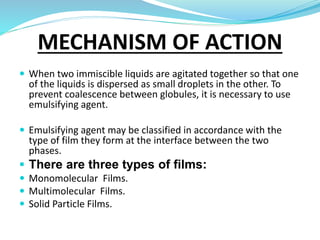  When two immiscible liquids are agitated together so that one
of the liquids is dispersed as small droplets in the other. To
prevent coalescence between globules, it is necessary to use
emulsifying agent.
 Emulsifying agent may be classified in accordance with the
type of film they form at the interface between the two
phases.
 There are three types of films:
 Monomolecular Films.
 Multimolecular Films.
 Solid Particle Films.
MECHANISM OF ACTION
 