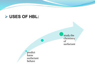  USES OF HBL:
predict
haow
surfactant
behave
study the
chemistry
of
surfactant
 