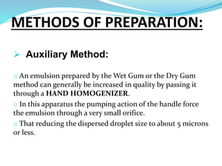 METHODS OF PREPARATION:
 Auxiliary Method:
o An emulsion prepared by the Wet Gum or the Dry Gum
method can generally be increased in quality by passing it
through a HAND HOMOGENIZER.
o In this apparatus the pumping action of the handle force
the emulsion through a very small orifice.
o That reducing the dispersed droplet size to about 5 microns
or less.
 