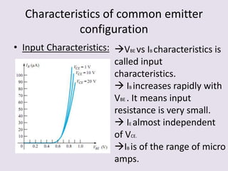 Characteristics of common emitter
configuration
• Input Characteristics: VBE vs IB characteristics is
called input
characteristics.
 IB increases rapidly with
VBE . It means input
resistance is very small.
 IE almost independent
of VCE.
IB is of the range of micro
amps.
 