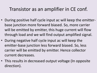 Transistor as an amplifier in CE conf.
• During positive half cycle input ac will keep the emitter-
base junction more forward biased. So, more carrier
will be emitted by emitter, this huge current will flow
through load and we will find output amplified signal.
• During negative half cycle input ac will keep the
emitter-base junction less forward biased. So, less
carrier will be emitted by emitter. Hence collector
current decreases.
• This results in decreased output voltage (In opposite
direction).
 