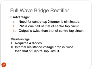 Full Wave Bridge Rectifier
Advantage:
I. Need for centre tap Xformer is eliminated.
II. PIV is one half of that of centre tap circuit.
III. Output is twice than that of centre tap circuit.
Disadvantage
I. Requires 4 diodes.
II. Internal resistance voltage drop is twice
than that of Centre Tap Circuit.
17
 