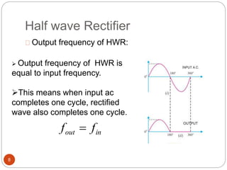 Half wave Rectifier
Output frequency of HWR:
 Output frequency of HWR is
equal to input frequency.
This means when input ac
completes one cycle, rectified
wave also completes one cycle.
inout ff 
8
 