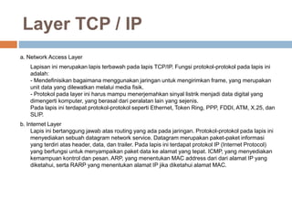 Layer TCP / IP 
a. Network Access Layer 
Lapisan ini merupakan lapis terbawah pada lapis TCP/IP. Fungsi protokol-protokol pada lapis ini 
adalah: 
- Mendefinisikan bagaimana menggunakan jaringan untuk mengirimkan frame, yang merupakan 
unit data yang dilewatkan melalui media fisik. 
- Protokol pada layer ini harus mampu menerjemahkan sinyal listrik menjadi data digital yang 
dimengerti komputer, yang berasal dari peralatan lain yang sejenis. 
Pada lapis ini terdapat protokol-protokol seperti Ethernet, Token Ring, PPP, FDDI, ATM, X.25, dan 
SLIP. 
b. Internet Layer 
Lapis ini bertanggung jawab atas routing yang ada pada jaringan. Protokol-protokol pada lapis ini 
menyediakan sebuah datagram network service. Datagram merupakan paket-paket informasi 
yang terdiri atas header, data, dan trailer. Pada lapis ini terdapat protokol IP (Internet Protocol) 
yang berfungsi untuk menyampaikan paket data ke alamat yang tepat. ICMP, yang menyediakan 
kemampuan kontrol dan pesan. ARP, yang menentukan MAC address dari dari alamat IP yang 
diketahui, serta RARP yang menentukan alamat IP jika diketahui alamat MAC. 
 