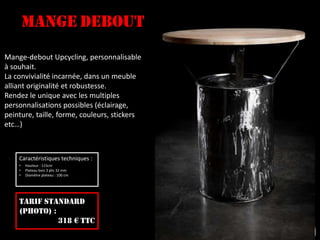 Mange Debout
Mange-debout Upcycling, personnalisable
à souhait.
La convivialité incarnée, dans un meuble
alliant originalité et robustesse.
Rendez le unique avec les multiples
personnalisations possibles (éclairage,
peinture, taille, forme, couleurs, stickers
etc…)
Caractéristiques techniques :
• Hauteur : 115cm
• Plateau bois 3 plis 32 mm
• Diamètre plateau : 100 cm
Tarif standard
(photo) :
318 € TTC
 