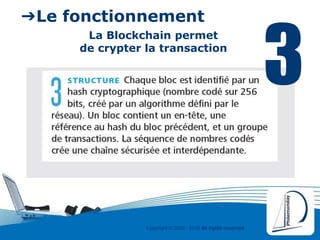 Copyright © 2000 - 2016 All rights reserved,.
➔Le fonctionnement
La Blockchain permet
de crypter la transaction
3
 