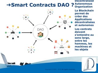 Copyright © 2000 - 2016 All rights reserved,.
➔Smart Contracts DAO ?
Decentralized
Autonomous
Organization
La Blockchain
permet de
créer des
Applications
décentralisées
et autonomes
Les contrats
doivent
s’entendre au
sens large,
entre les
hommes, les
machines et
les objets
 
