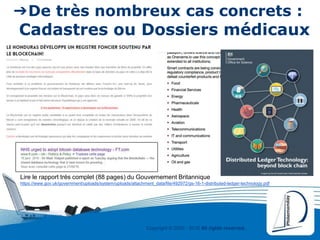 Copyright © 2000 - 2016 All rights reserved,.
➔De très nombreux cas concrets :
Cadastres ou Dossiers médicaux
Lire le rapport trés complet (88 pages) du Gouvernement Britannique
https://www.gov.uk/government/uploads/system/uploads/attachment_data/file/492972/gs-16-1-distributed-ledger-technology.pdf
 