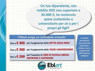 l’Eblart eroga un contributo annuale:
fino a € 400 per il pagamento della RETTA ASILO NIDO
fino a € 300 per il pagamento delle TASSE UNIVERSITARIE
fino a € 200
per l’acquisto di LIBRI DI SCUOLA MEDIA
INFERIORE E SUPERIORE
Un tuo dipendente, con
reddito ISEE non superiore a
20.000 €, ha sostenuto
spese scolastiche o
universitarie per sé o per i
propri gli figli?
Le stesse
prestazioni
sono previste
anche per i
titolari, soci e
coadiuvanti
dell’impresa
artigiana
 