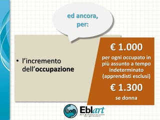 • l’incremento
dell’occupazione
€ 1.000
per ogni occupato in
più assunto a tempo
indeterminato
(apprendisti esclusi)
€ 1.300
se donna
ed ancora,
per:
 
