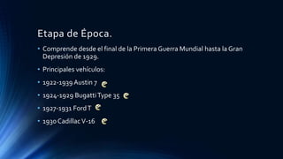 Etapa de Época.
• Comprende desde el final de la Primera Guerra Mundial hasta la Gran
Depresión de 1929.
• Principales vehículos:
• 1922-1939 Austin 7
• 1924-1929 BugattiType 35
• 1927-1931 FordT
• 1930 CadillacV-16
 