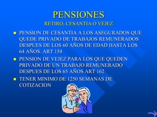 PENSIONES
            RETIRO, CESANTIA O VEJEZ
   PENSION DE CESANTIA A LOS ASEGURADOS QUE
    QUEDE PRIVADO DE TRABAJOS REMUNERADOS
    DESPUES DE LOS 60 AÑOS DE EDAD HASTA LOS
    64 AÑOS. ART 154
   PENSION DE VEJEZ PARA LOS QUE QUEDEN
    PRIVADO DE UN TRABAJO REMUNERADO
    DESPUES DE LOS 65 AÑOS ART 162
   TENER MINIMO DE 1250 SEMANAS DE
    COTIZACION
 